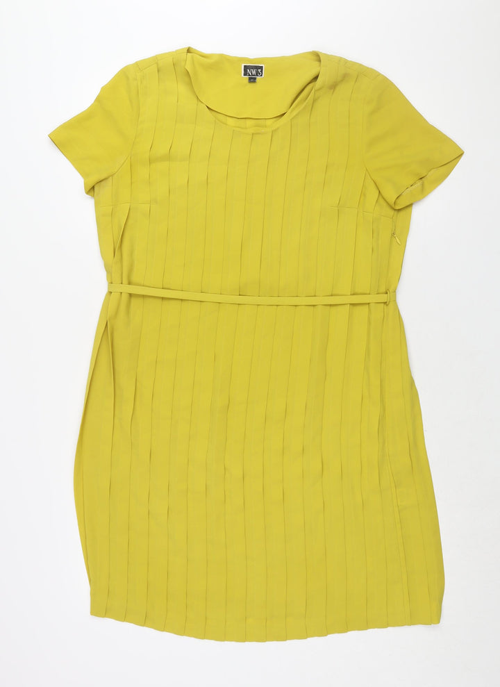 N.W.3 Womens Yellow Polyester Shift Size 10 Round Neck Zip - Belted Pleated