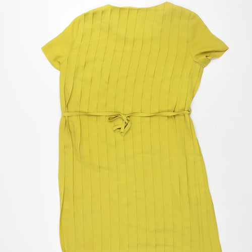 N.W.3 Womens Yellow Polyester Shift Size 10 Round Neck Zip - Belted Pleated