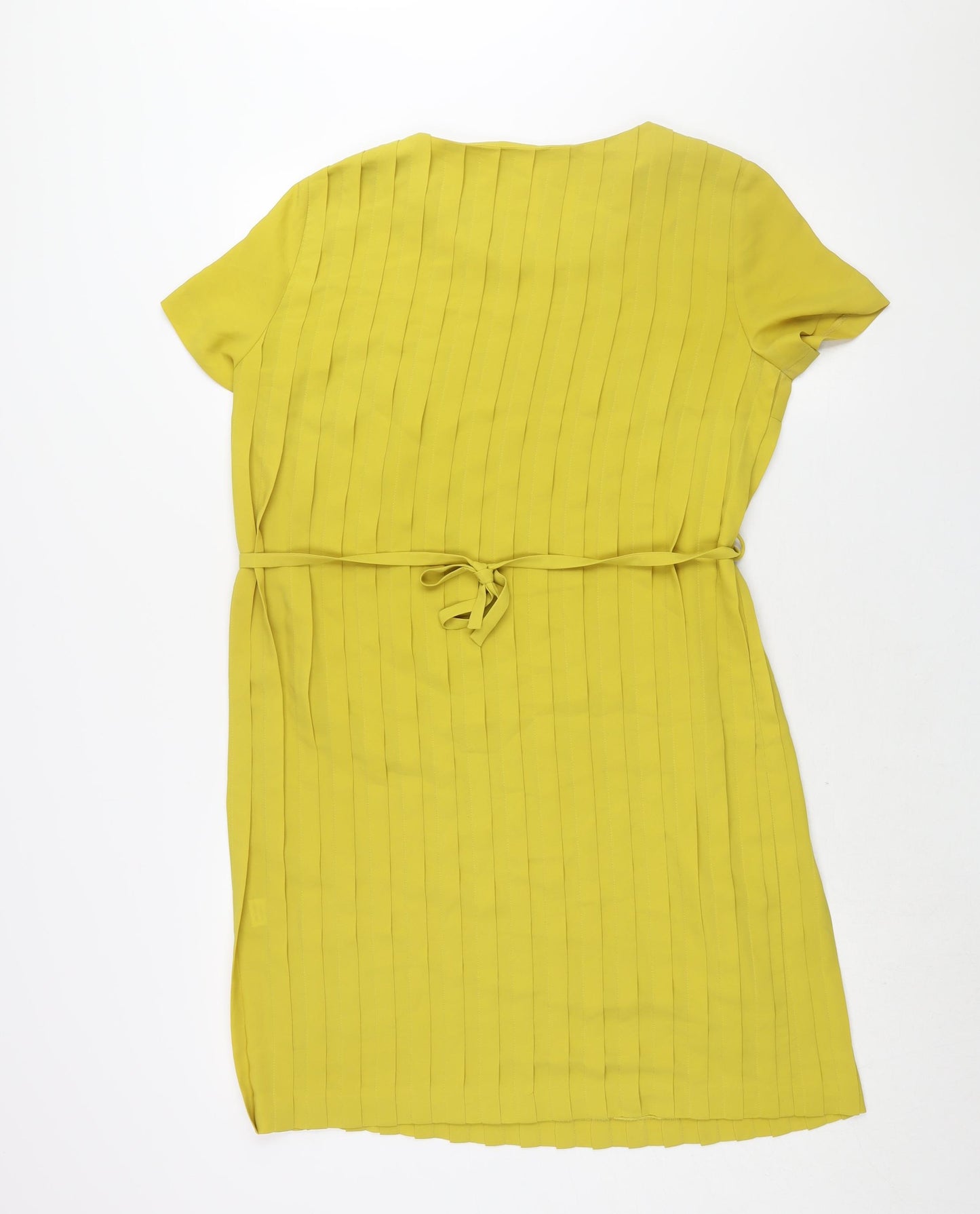 N.W.3 Womens Yellow Polyester Shift Size 10 Round Neck Zip - Belted Pleated