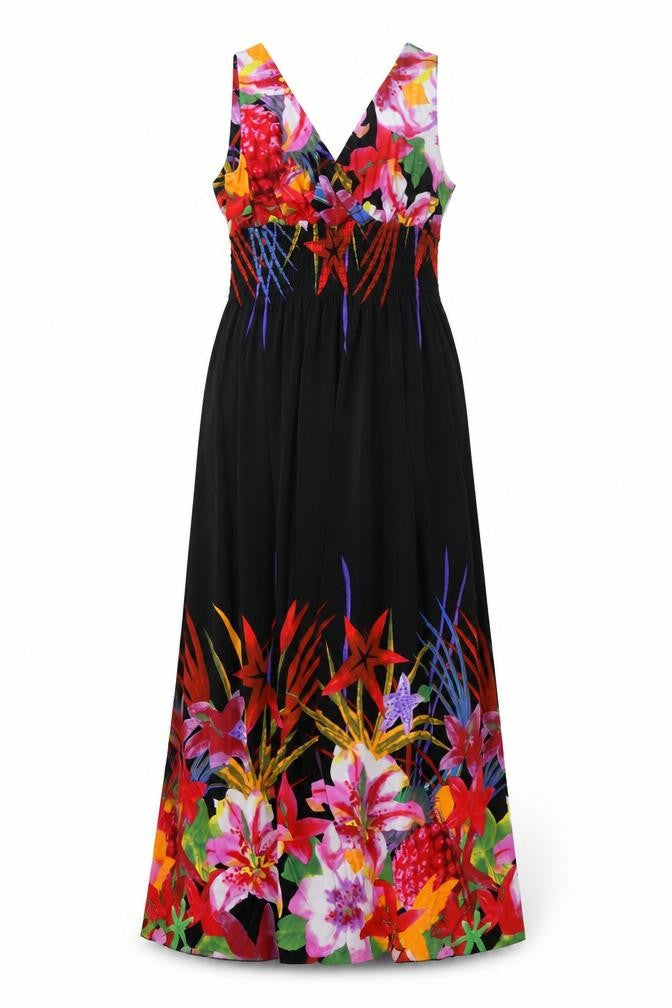 Front view of Casamia women’s black polyester maxi, size M, v-neck pullover - floral print