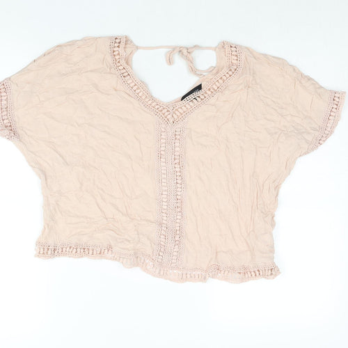New Look Womens Pink Viscose Basic Blouse Size 10 V-Neck - Lace Trim