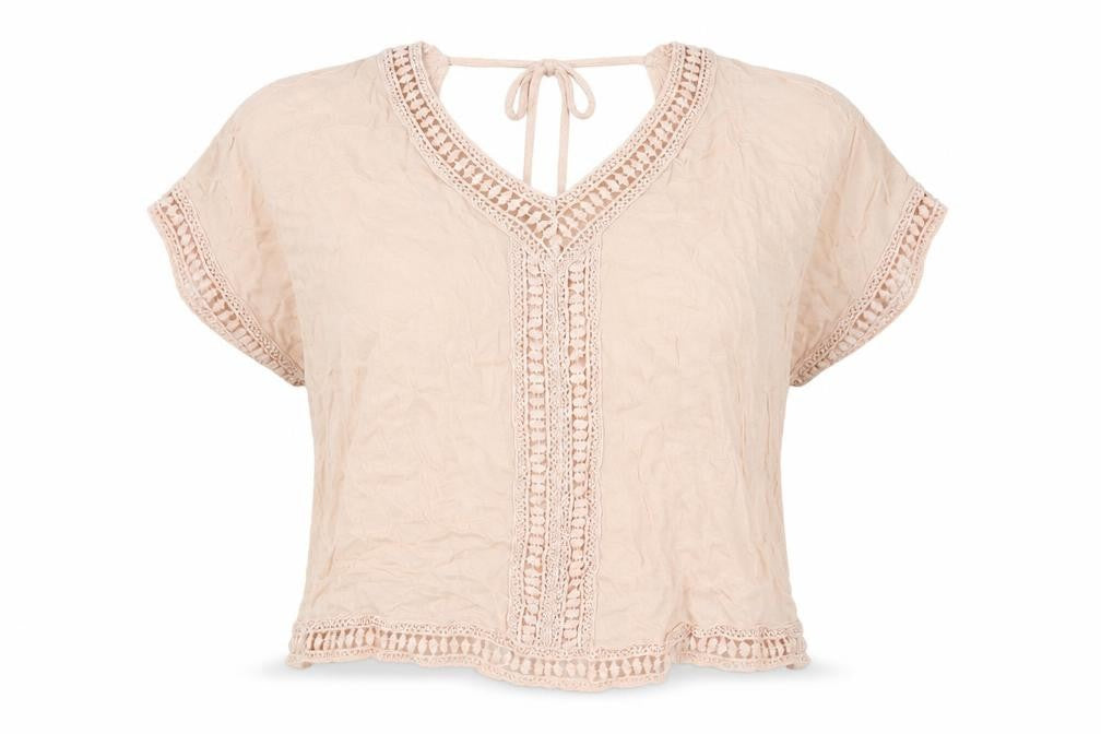 Front view of New Look women’s pink viscose basic blouse, size UK 10, v-neck - lace trim