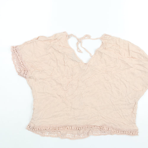 New Look Womens Pink Viscose Basic Blouse Size 10 V-Neck - Lace Trim