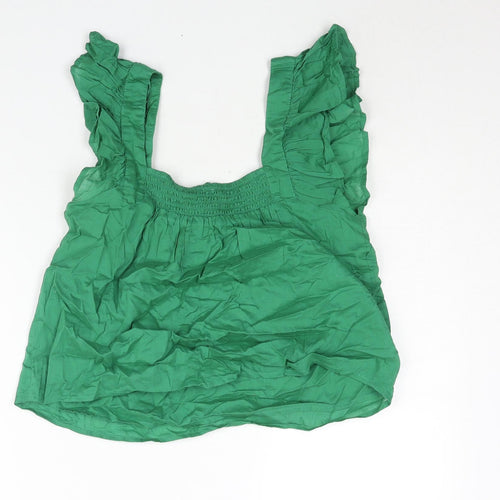AND/OR Womens Green Cotton Basic Blouse Size 8 Square Neck - Drawstring Detail Beaded Tassle