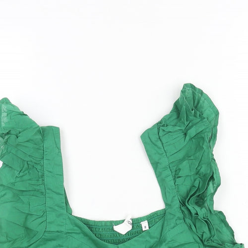 AND/OR Womens Green Cotton Basic Blouse Size 8 Square Neck - Drawstring Detail Beaded Tassle