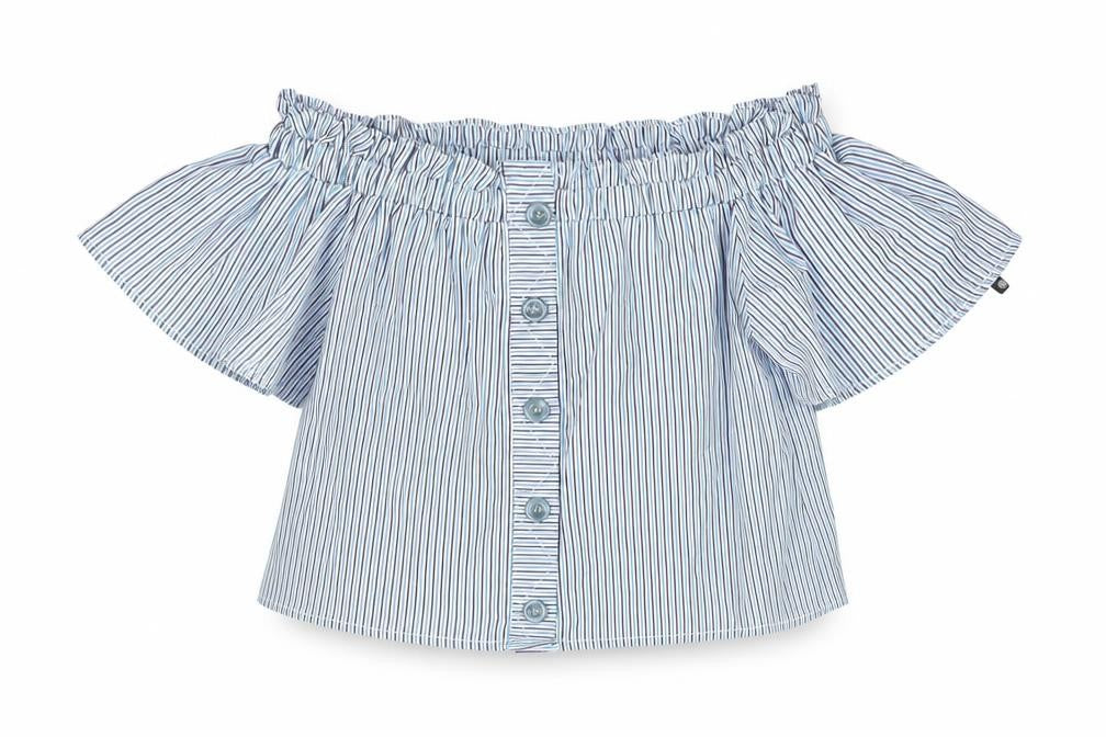 Front view of Missguided women’s blue striped polyester basic blouse, size UK 6, off the shoulder - rouched button detail