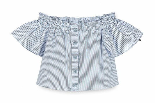 Front view of Missguided women’s blue striped polyester basic blouse, size UK 6, off the shoulder - rouched button detail