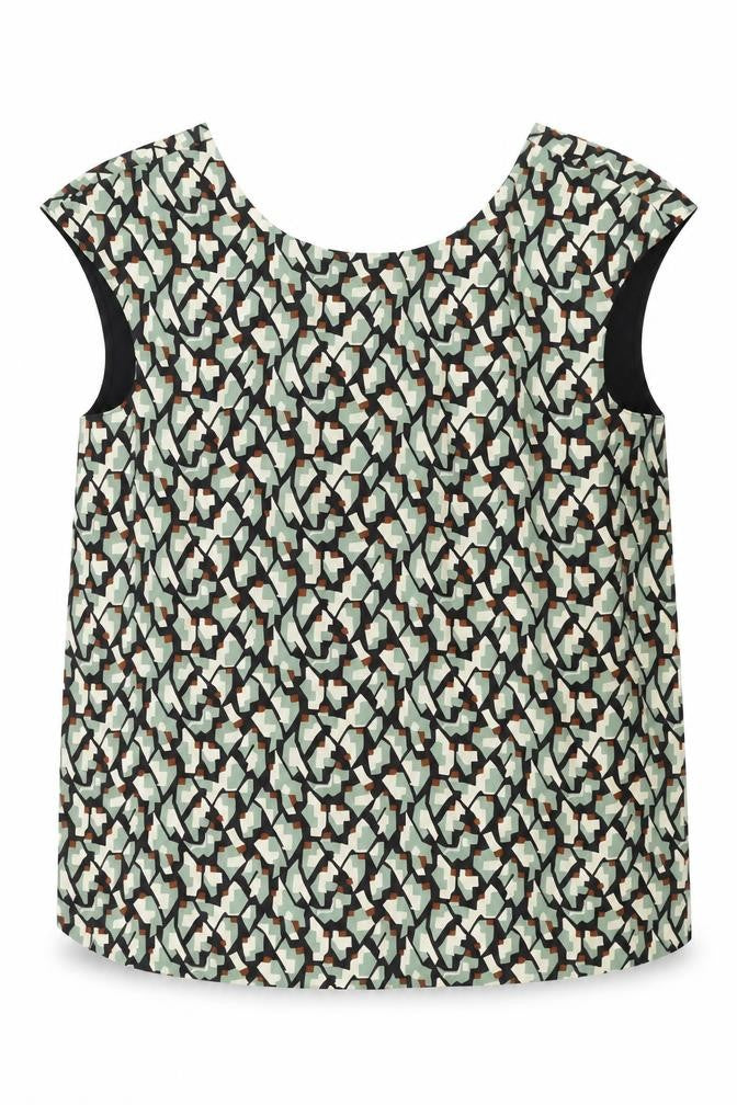 Front view of Zara women’s multicoloured geometric polyester basic blouse, size L, boat neck - side slits