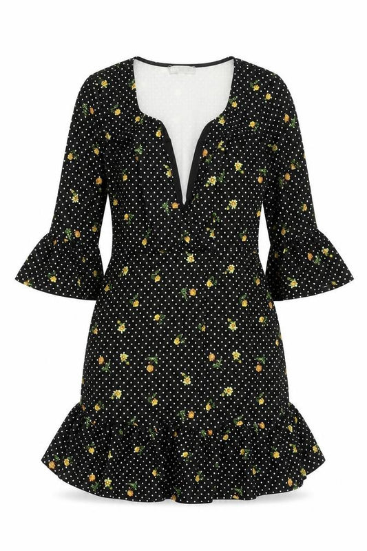Front view of ASOS women’s black floral polyester mini, size UK 8, sweetheart pullover - frill polka dot