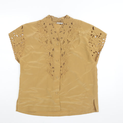 Silken Ladder Womens Brown Polyester Basic Blouse Size L V-Neck - Lace Detail