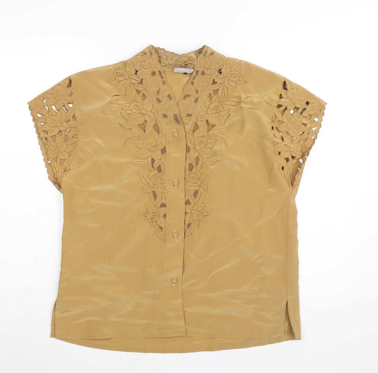 Silken Ladder Womens Brown Polyester Basic Blouse Size L V-Neck - Lace Detail