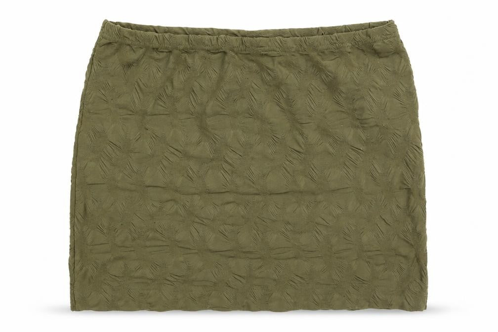 Front view of H&M women’s green polyester mini skirt, size M, - textured