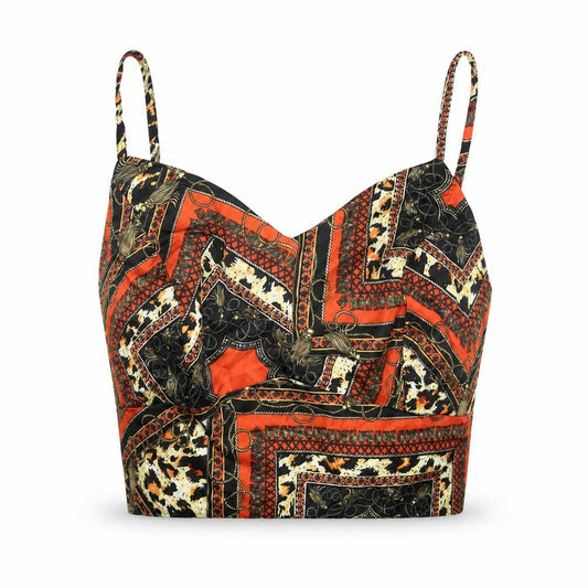 Front view of New Look women’s multicoloured geometric polyester cropped blouse, size UK 14, v-neck