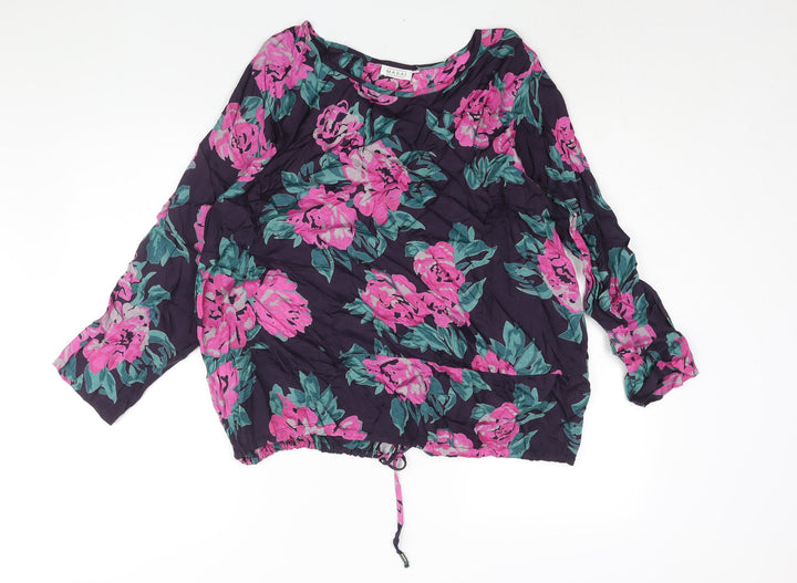 Masai Womens Purple Floral Viscose Basic Blouse Size L Roll Neck - Drawstring Hem