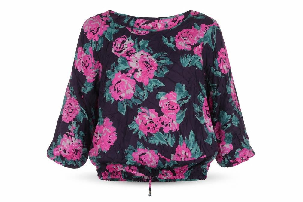 Front view of Masai women’s purple floral viscose basic blouse, size L, roll neck - drawstring hem