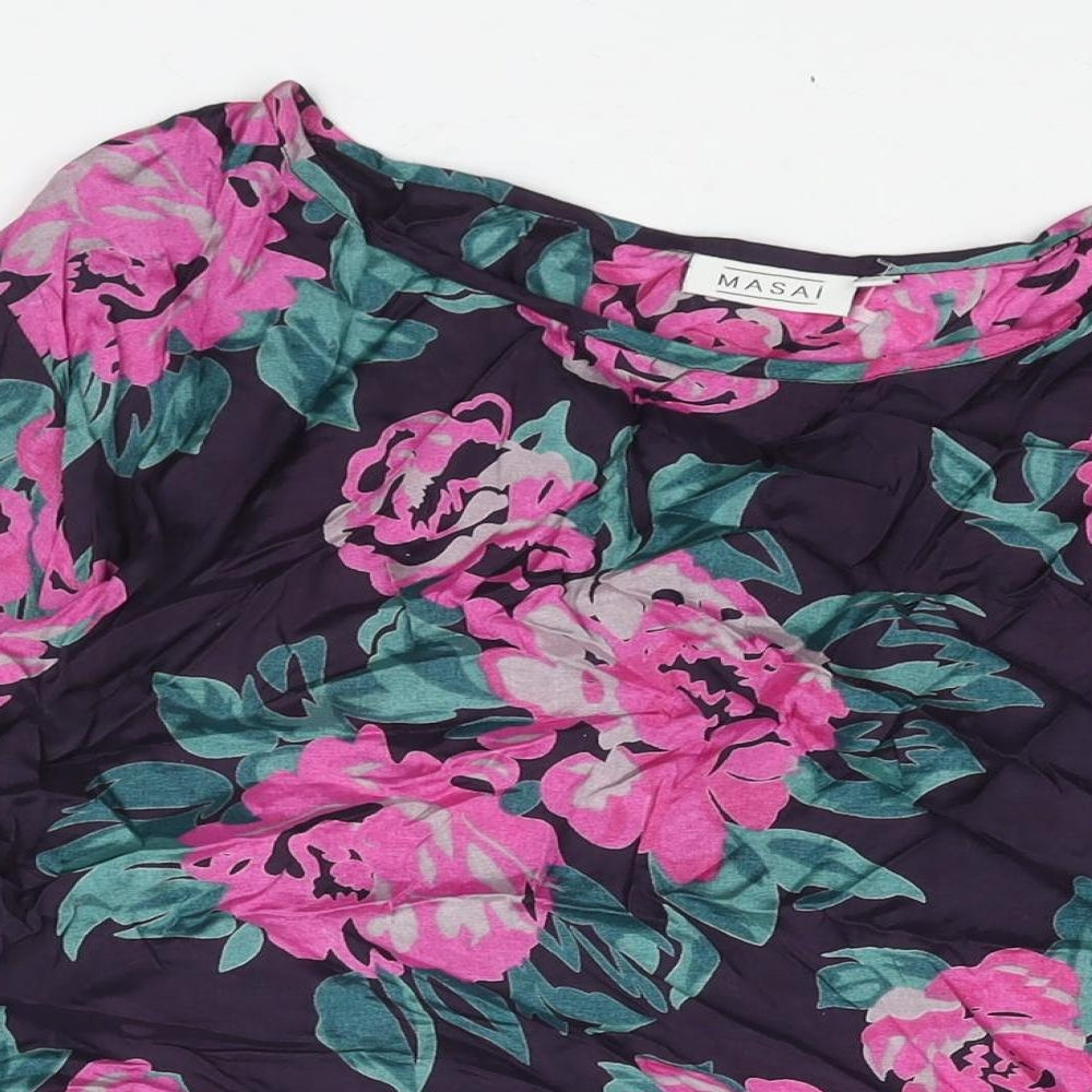 Masai Womens Purple Floral Viscose Basic Blouse Size L Roll Neck - Drawstring Hem