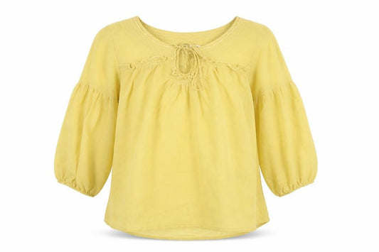Front view of New Look women’s yellow polyester basic blouse, size UK 12, round neck - keyhole neck frill semi sheer