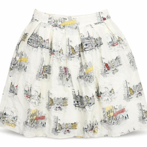 Yumi Womens Ivory Geometric Cotton A-Line Skirt Size 8 Zip - Street Building Print