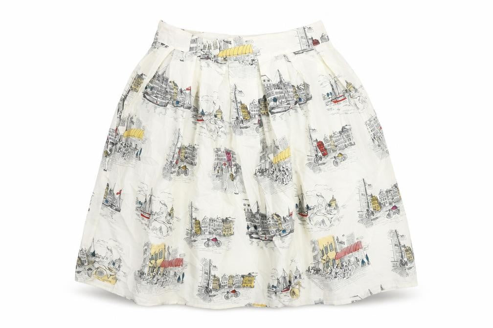 Yumi Womens Ivory Geometric Cotton A-Line Skirt Size 8 Zip - Street Building Print