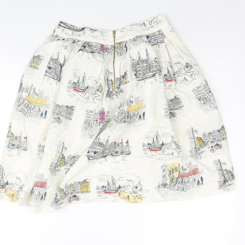 Yumi Womens Ivory Geometric Cotton A-Line Skirt Size 8 Zip - Street Building Print