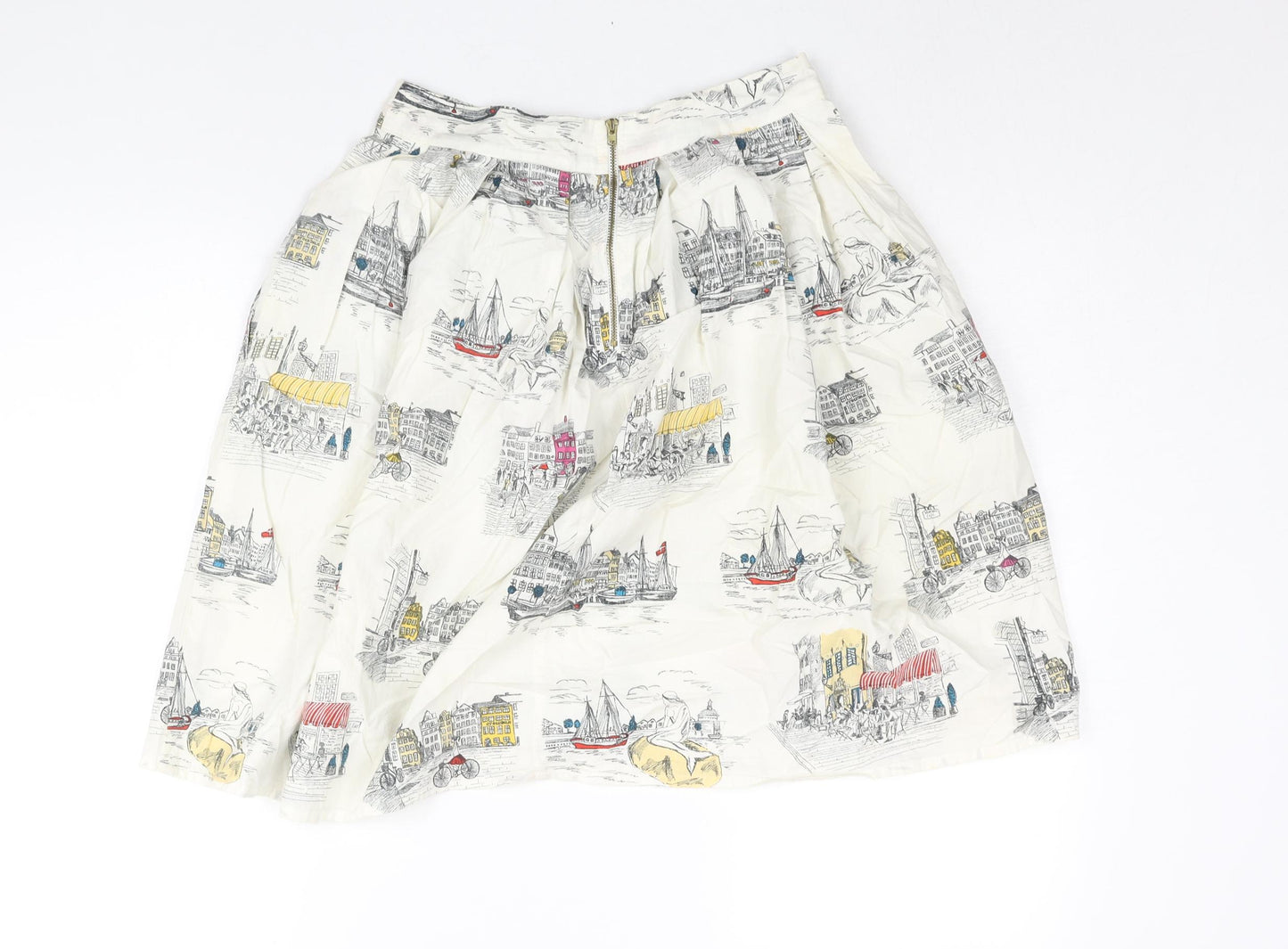 Yumi Womens Ivory Geometric Cotton A-Line Skirt Size 8 Zip - Street Building Print