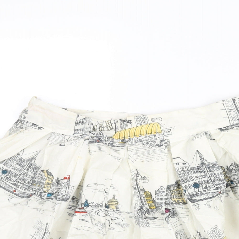 Yumi Womens Ivory Geometric Cotton A-Line Skirt Size 8 Zip - Street Building Print