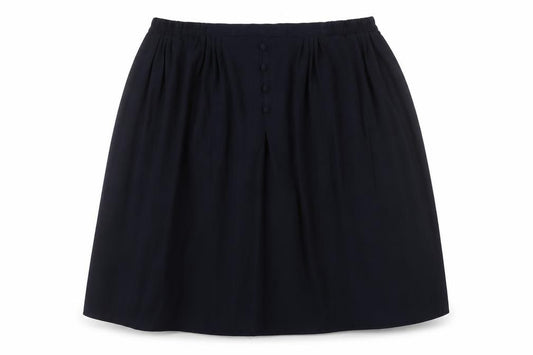 Front view of Bonmarché women’s blue polyester pleated skirt, size UK 18, - button detail