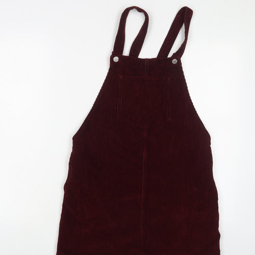Topshop Womens Red Cotton Pinafore/Dungaree Dress Size 8 Square Neck Button