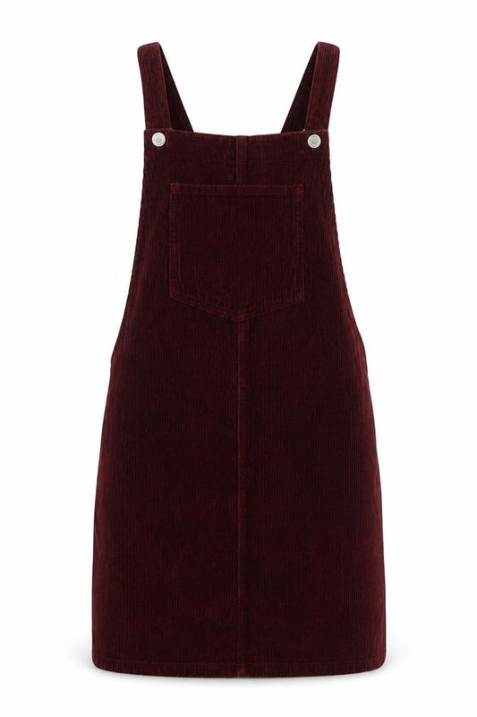 Front view of Topshop women’s red cotton pinafore/dungaree dress, size UK 8, square neck button