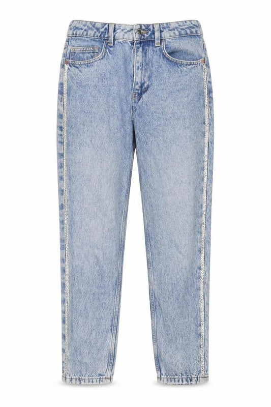 Front view of Next women’s blue cotton mom jeans, size UK 8, 27-inch leg regular zip - jewels