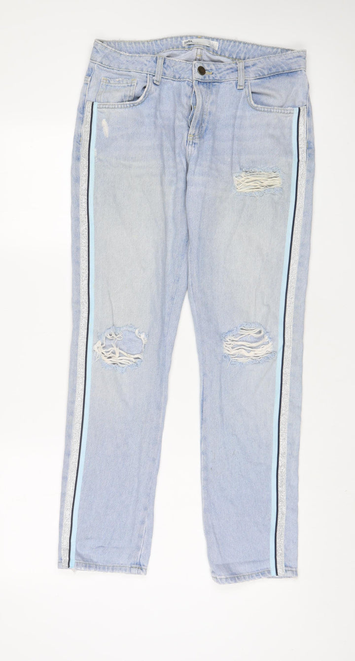 Zara Womens Blue Cotton Straight Jeans Size 8 L31 in Regular Button - Glitter
