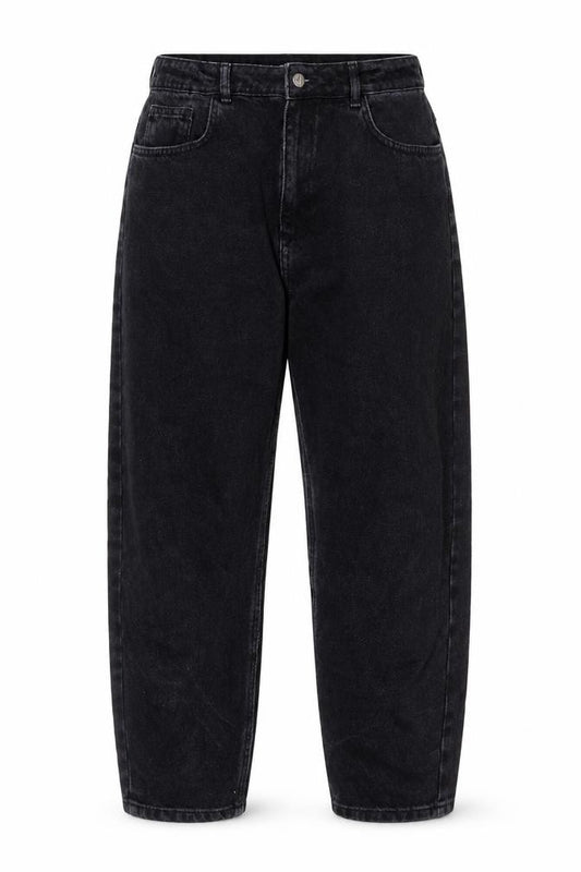 Front view of Reclaimed Vintage women’s black cotton mom jeans, size UK 34, in, 25-inch leg regular zip