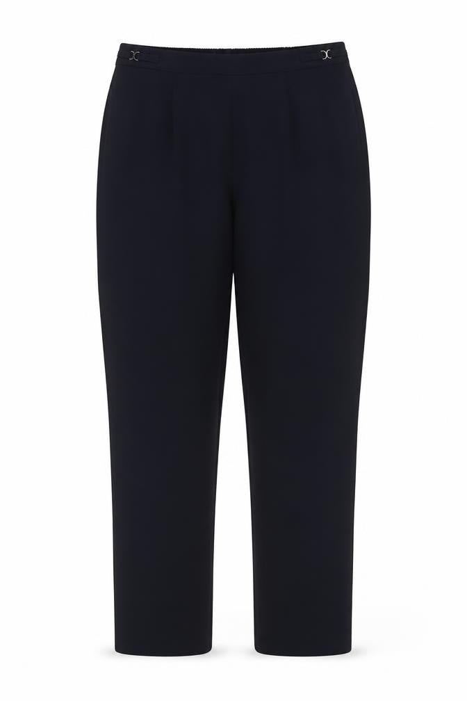 Front view of Bonmarché women’s blue polyester trousers, size UK 14, 30-inch leg regular