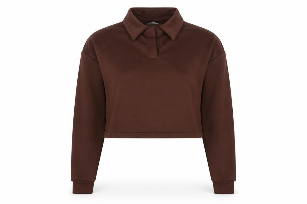 Front view of PRETTYLITTLETHING women’s brown polyester pullover sweatshirt, size UK 10, pullover