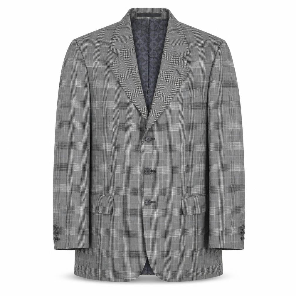 Front view of T. Bickerdyke & Sons men’s grey plaid polyester jacket suit jacket, size 40, regular