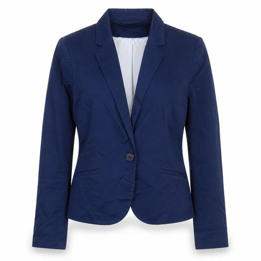 Front view of H&M women’s blue jacket blazer, size UK 10, button