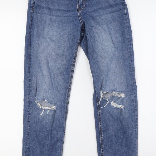 MISS E-VIE Girls Blue Cotton Straight Jeans Size 12-13 Years L26 in Regular Button - Raw Hem, Destressed