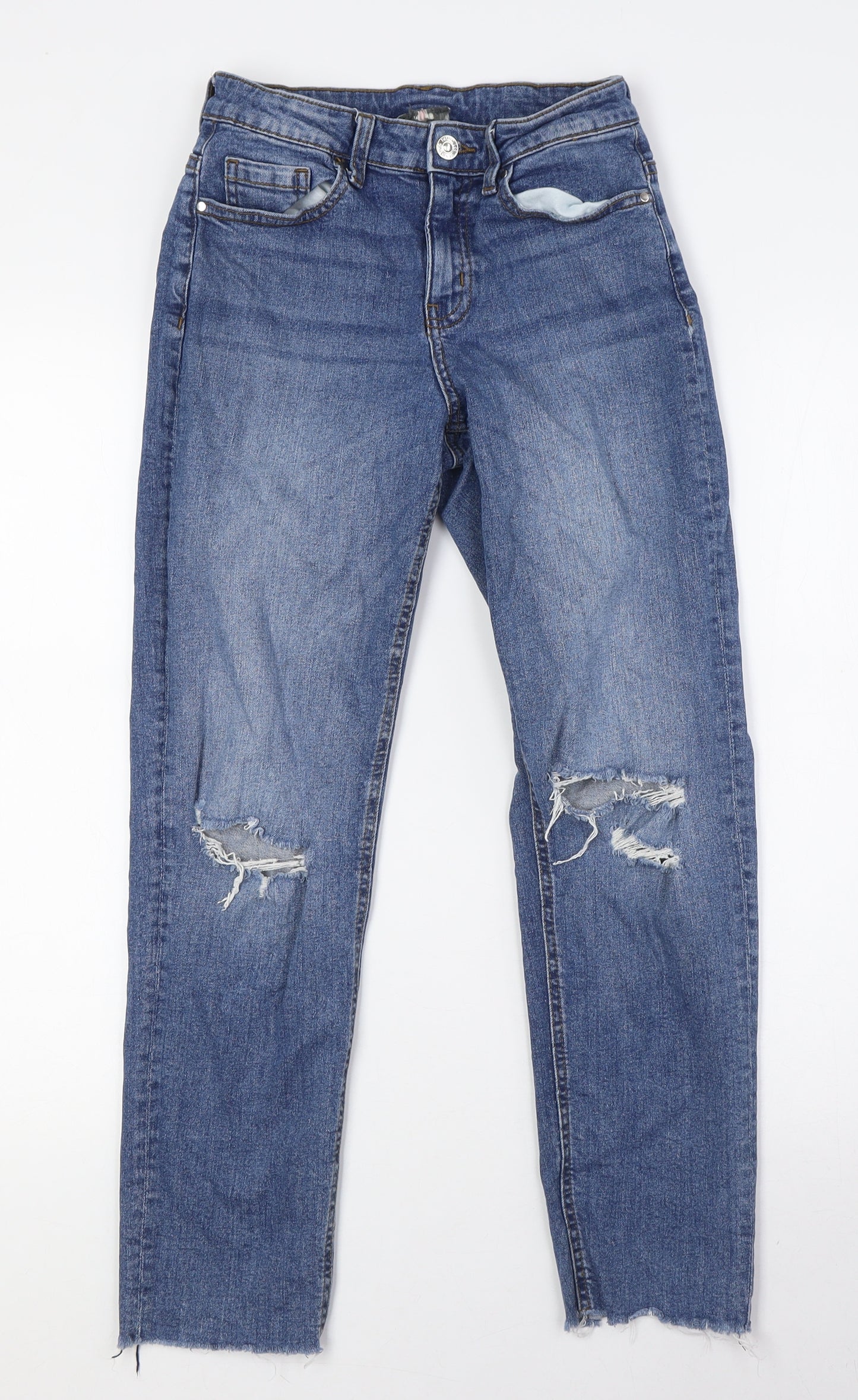 MISS E-VIE Girls Blue Cotton Straight Jeans Size 12-13 Years L26 in Regular Button - Raw Hem, Destressed