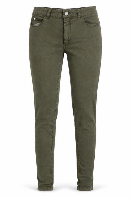 Front view of Marks & Spencer women’s green cotton mom jeans, size UK 8, 28-inch leg regular snap