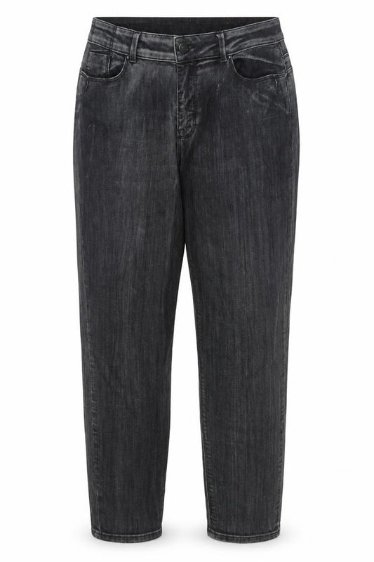 Front view of Label Lab women’s black cotton mom jeans, size UK 12, 28-inch leg regular zip - distressed pockets