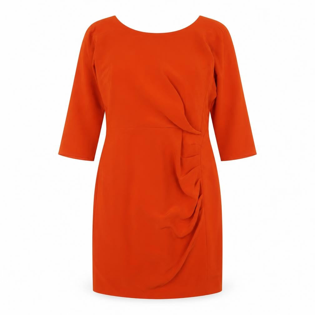 Front view of Marks & Spencer women’s orange polyester a-line, size UK 12, boat neck zip