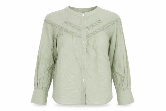 Front view of Max women’s green cotton basic button-up, size UK 12, mock neck