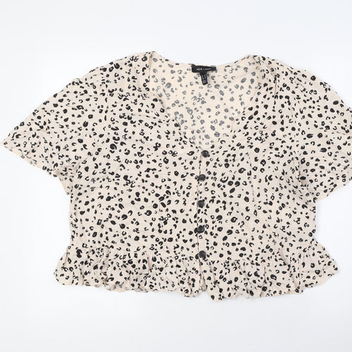 New Look Womens Beige Animal Print Viscose Basic Button-Up Size 14 V-Neck
