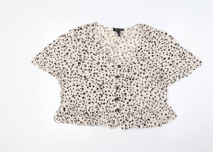 New Look Womens Beige Animal Print Viscose Basic Button-Up Size 14 V-Neck
