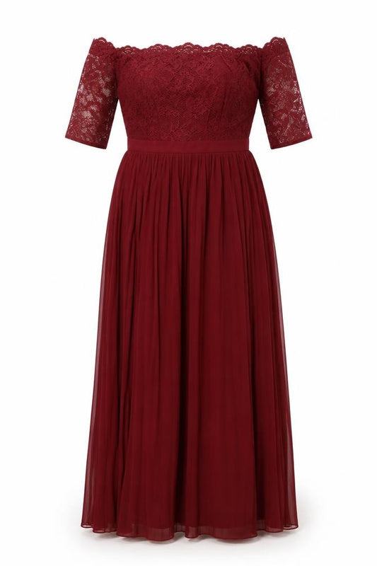 Front view of Chi Chi women’s red polyester ball gown, size UK 8, off the shoulder zip - pleated, lace