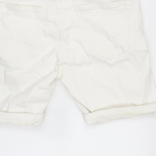 Pull&Bear Womens White Cotton Boyfriend Shorts Size 16 Regular Zip - Distressed