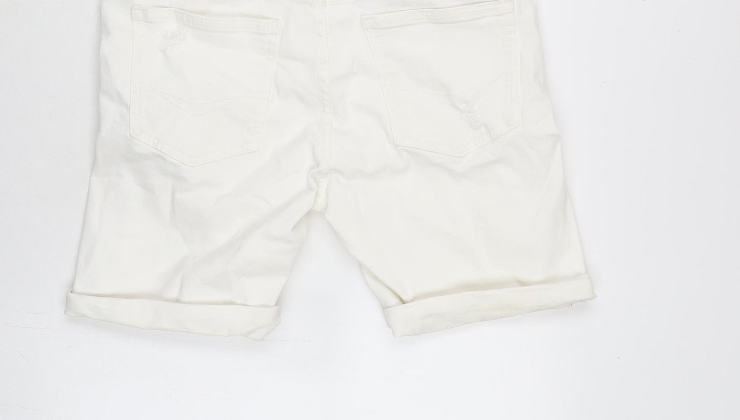 Pull&Bear Womens White Cotton Boyfriend Shorts Size 16 Regular Zip - Distressed