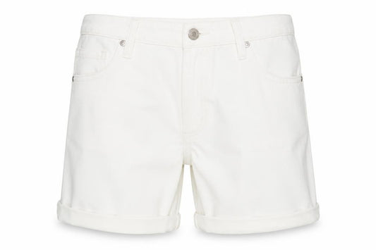 Front view of Pull&Bear women’s white cotton boyfriend shorts, size UK 16, regular zip - distressed