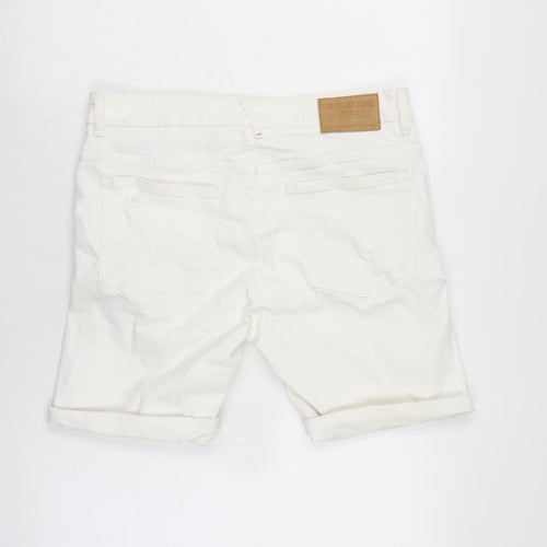 Pull&Bear Womens White Cotton Boyfriend Shorts Size 16 Regular Zip - Distressed