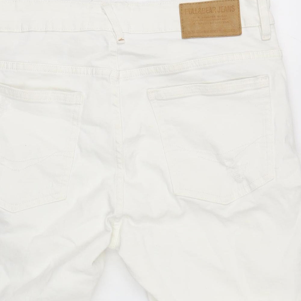 Pull&Bear Womens White Cotton Boyfriend Shorts Size 16 Regular Zip - Distressed